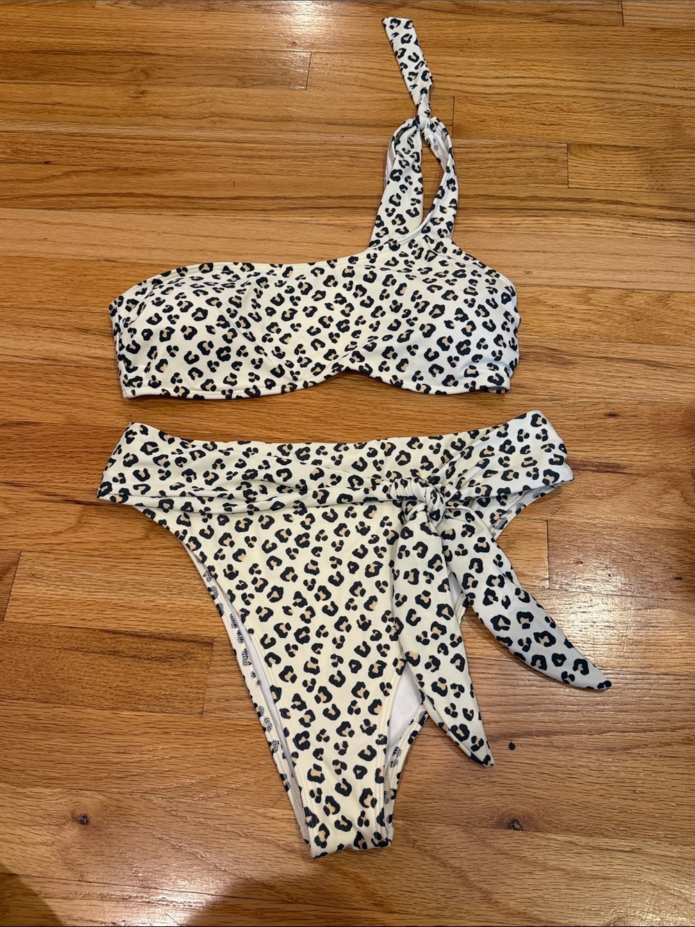 A&F One-Shoulder Cream and White Leopard Print Bikini